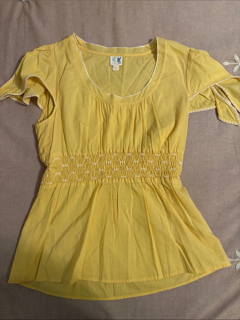 Yellow Women's Smocked Waist Short Sleeve Top with Tie Sleeves